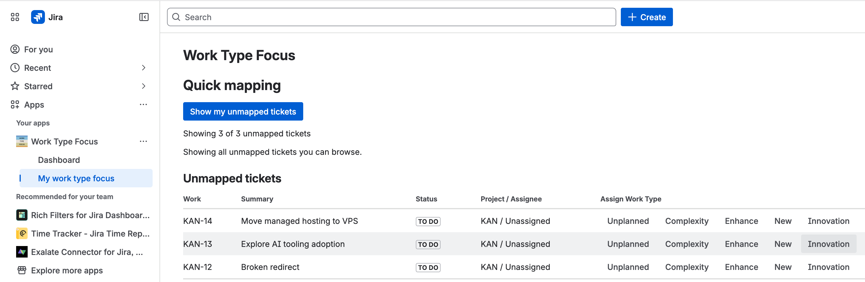 Quick mapping view listing unmapped Jira tickets